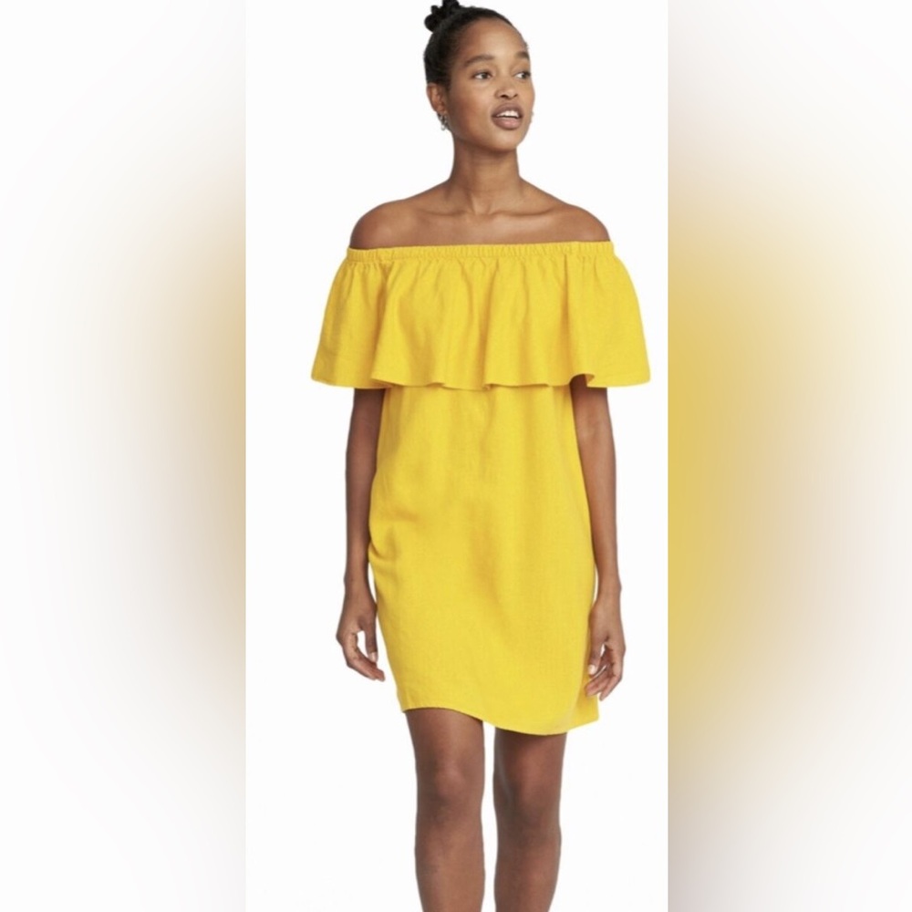 Yellow Linen Off-Shoulder Dress